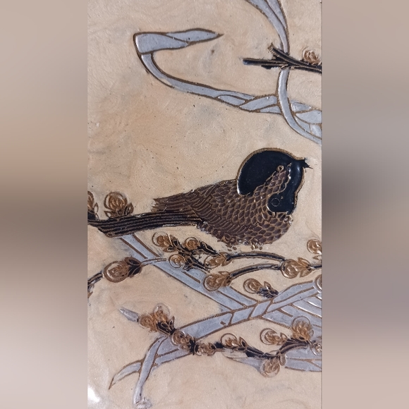 Brass Pedestal Bowl with Enamel Painted Bird on a Branch Design, set of 2. - Picture 3 of 6